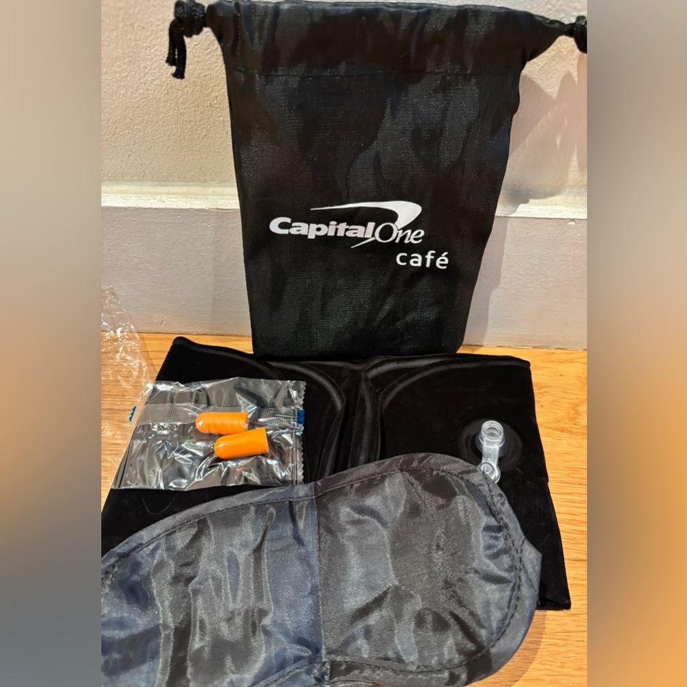 NWT Capital One Blow up Neck Rest, Earplugs & Eye Mask Travel Set